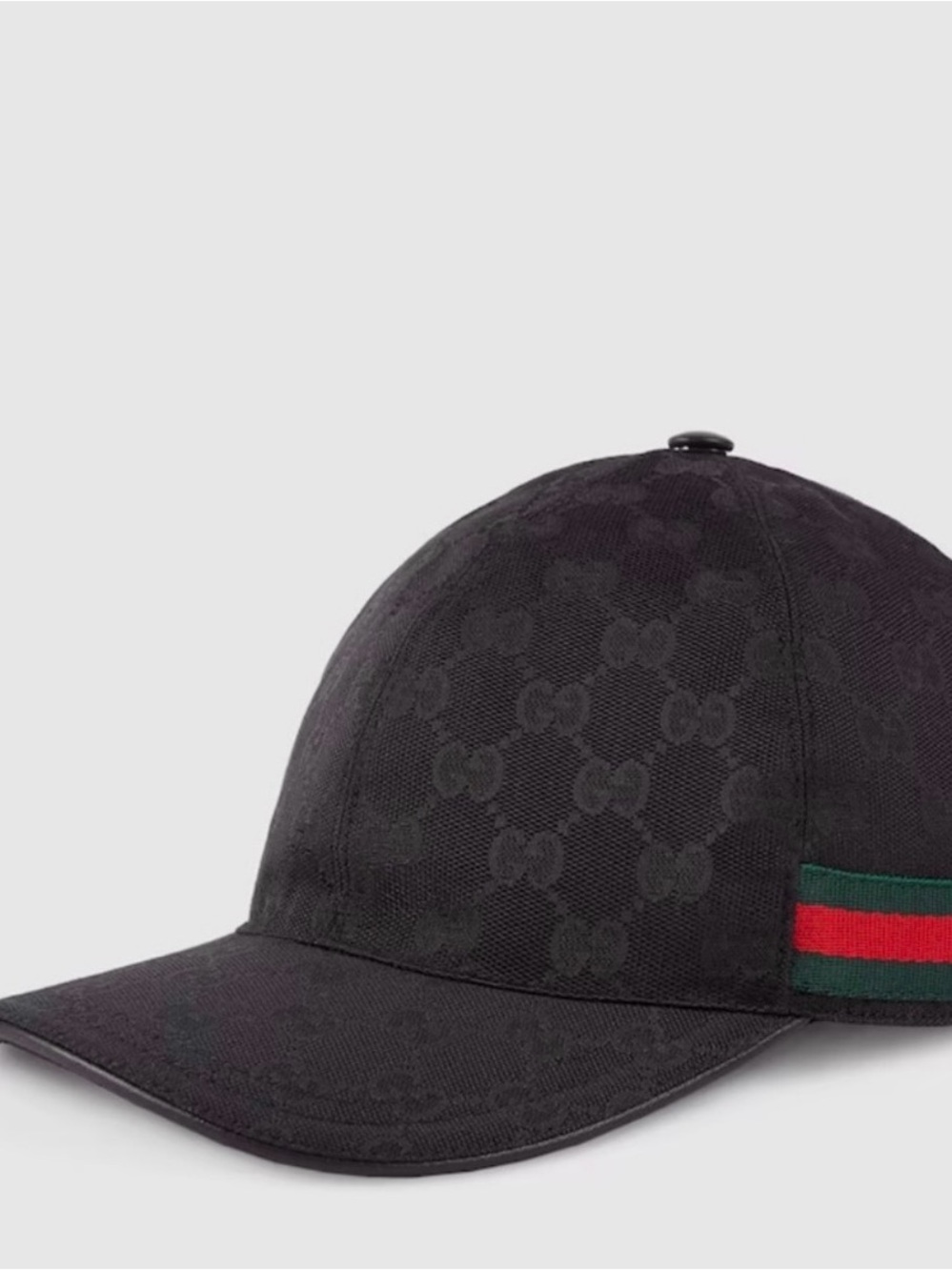 Gucci Black Monogram Baseball Cap with Green-Red Web Stripe